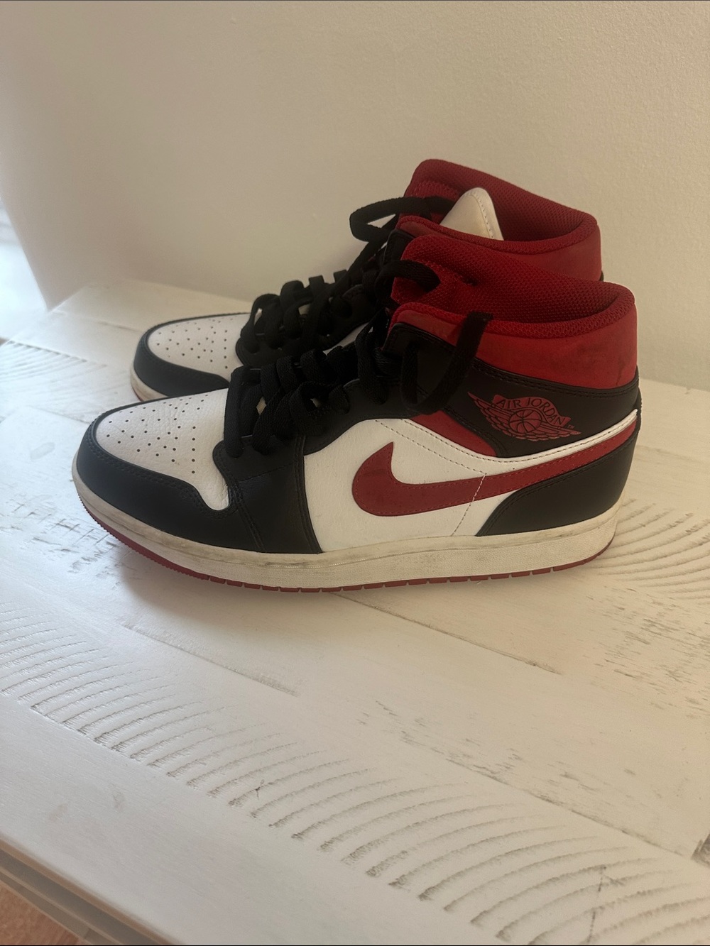 Jordan High-Top Sneakers in White, Black & Red